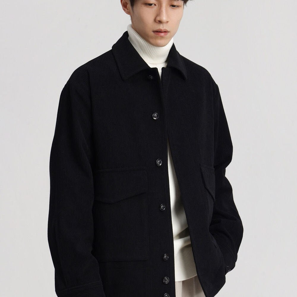 sanyamk Spring Autumn New Corduroy Casual Jacket Men's Retro All-match Student Korean Style Trendy Coat Men's Youth Outwear Black