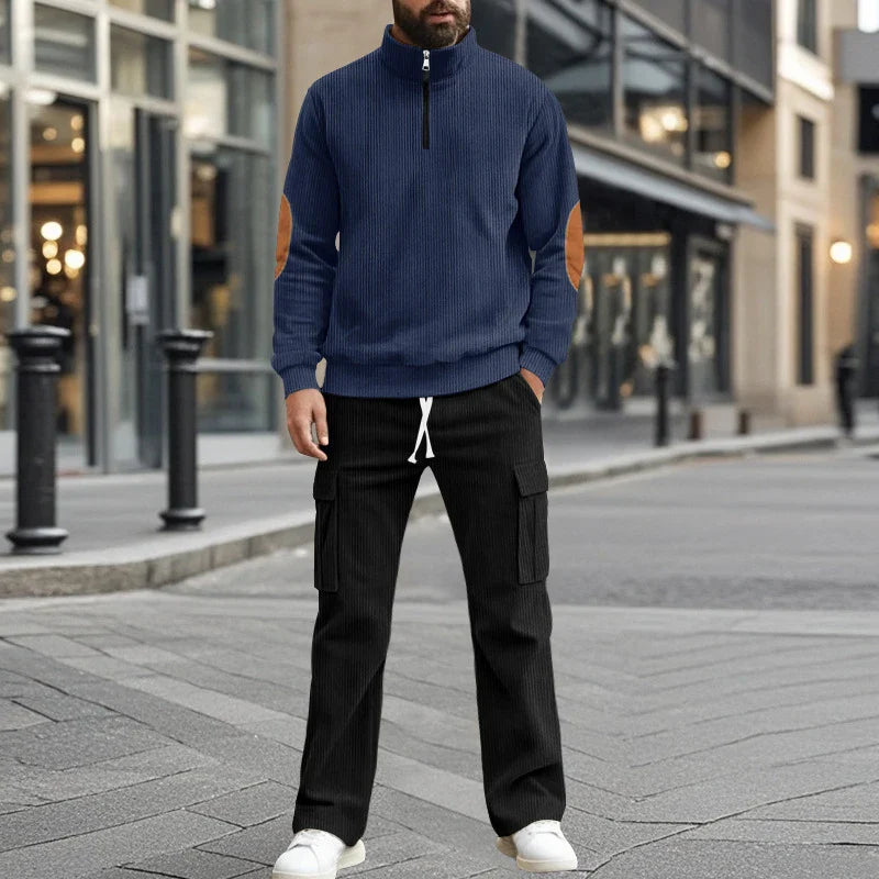 sanyamk - Vintage Patchwork Corduroy Outfits Mens Long Sleeve Stand Collar Sweatshirts And Pants Two Piece Sets Men Clothing Casual Suits