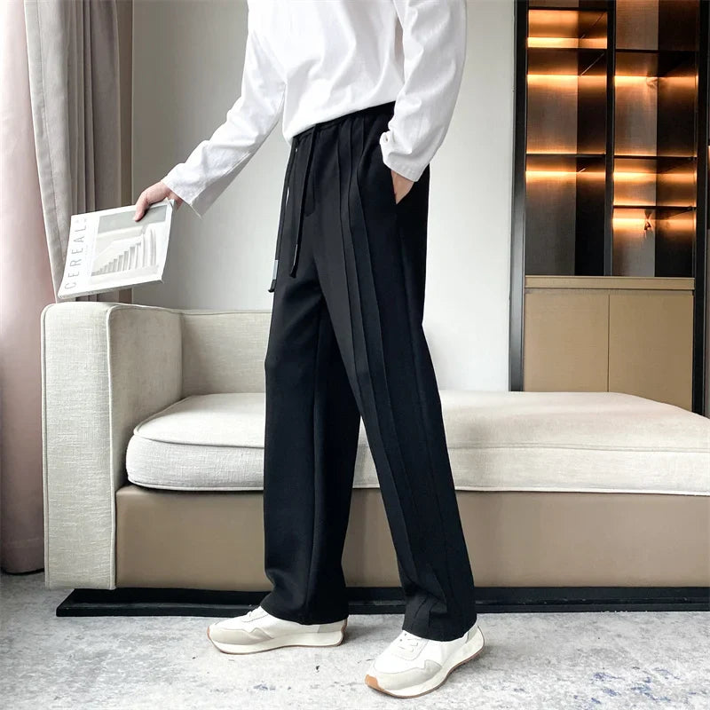 BONSIR - Mens Casual Long Straight Pants Solid Wide Leg Stretch Waist Sweatpants Side Stitching Waterfall Trousers Male Black White