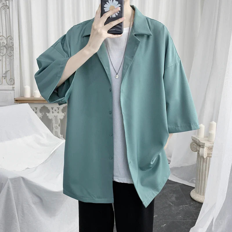 Bonsir Simple Solid Shirts Men Clothing Korean Loose Shirt Streetwear Chemise Homme Summer Half Sleeve Shirt Flat Collar Casual Tops