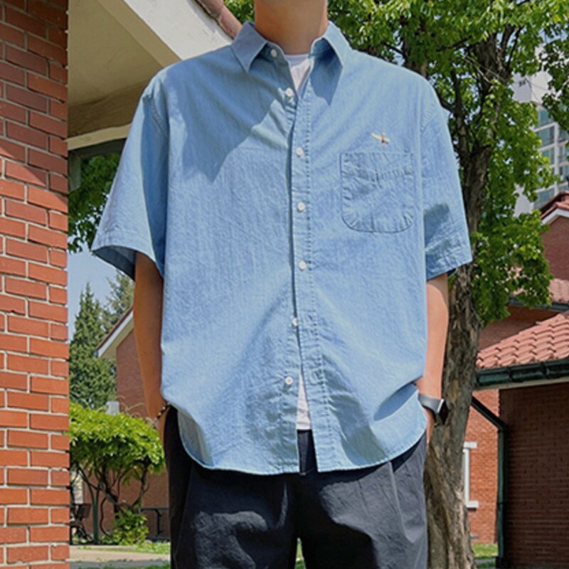 sanyamk Vintage Men's Stylish Washed Lapel Denim Shirts Korean Style Summer Male Solod Color Short Sleeve Tops New Trendy