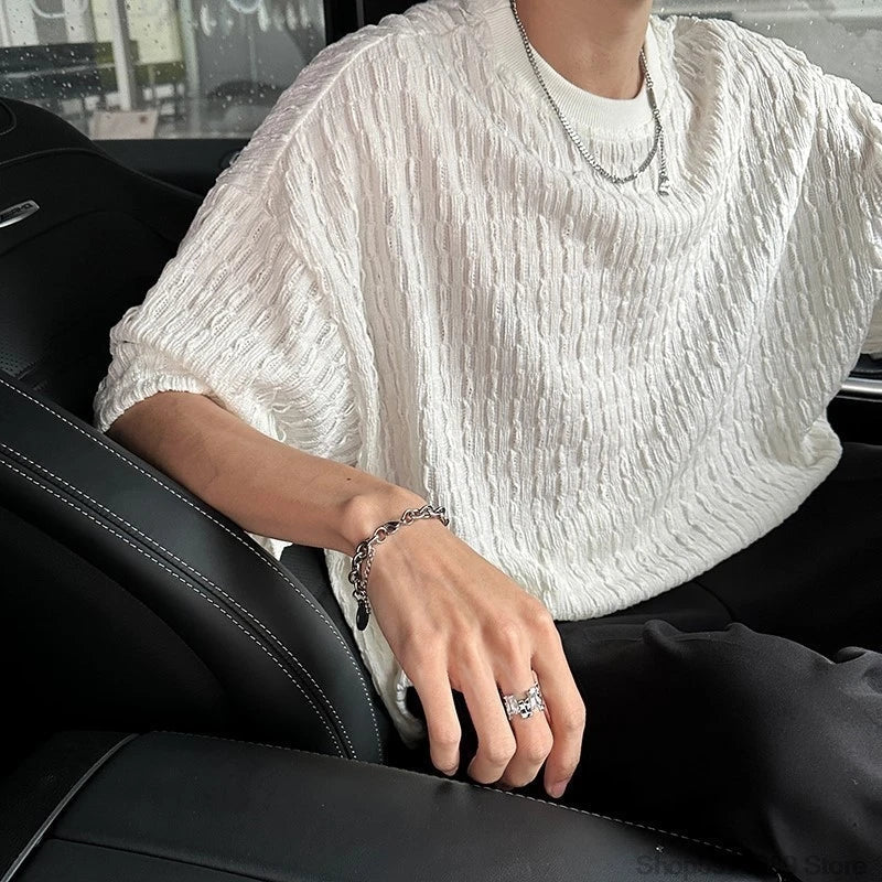 Bonsir White O-neck Pleated Stripe T-shirt for Men Vintage Large Size Breathable Soft Short Sleeved T-shirt Summer Loose Casual Tops
