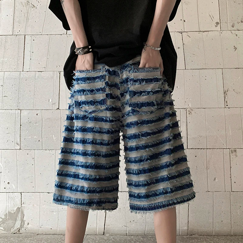 Bonsir New Men's Casual Shorts Rough Edge Contrast Striped Vintage Washed Shorts Streetwear Clothing Man