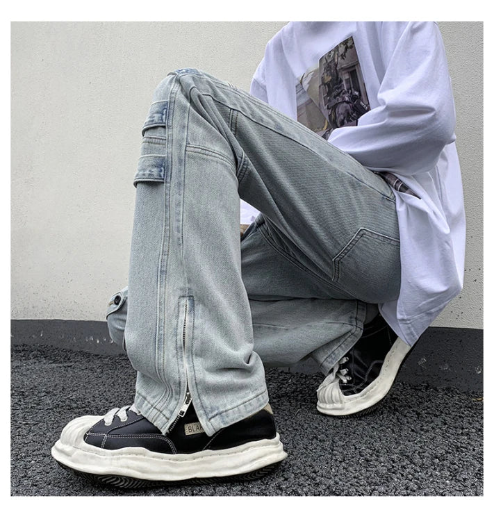 Bonsir American Style High Street Niche Style Zipper Jeans Men Trendy Brand Fried Street Loose Straight Tube Work Pants Design Sense