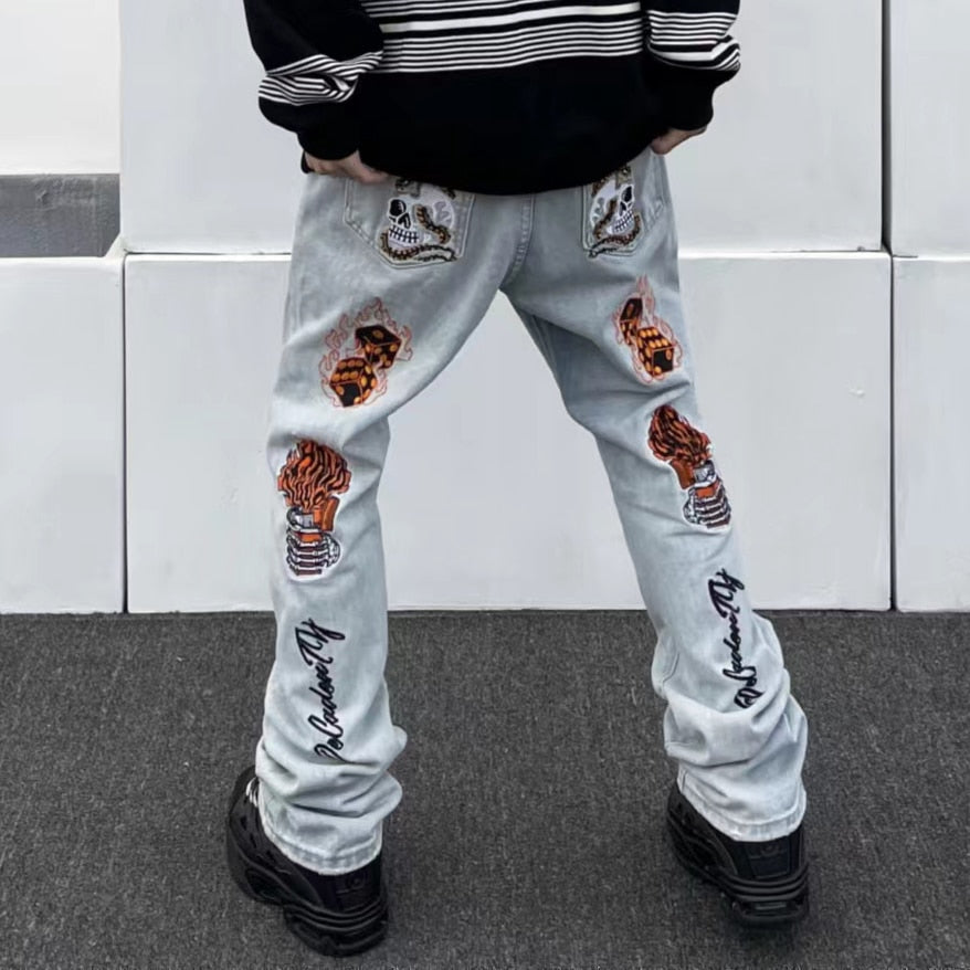 sanyamk High Street Flame Skull Embrodiery Vintage Denim Trousers Men's Distressed Washed Straight Baggy Oversized Jeans Pants