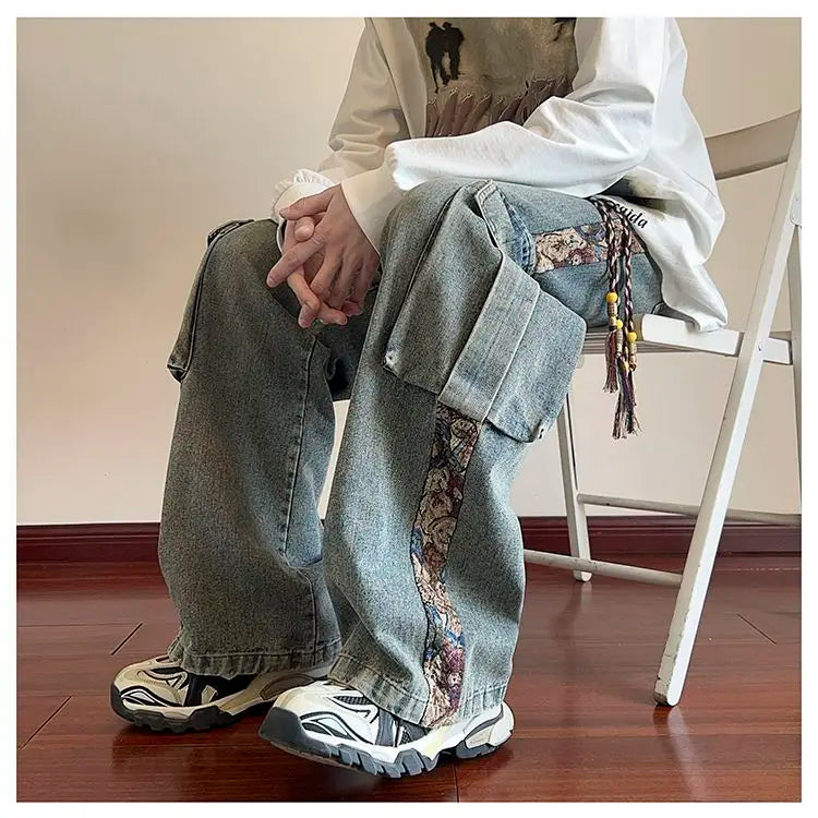 sanyamk Hip hop trend personalized straight leg retro washed workwear jeans American men and women street loose wide leg casual pants