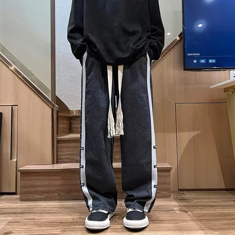 sanyamk Men Jeans Pants Black Wide Leg Oversize Cargo Korean Streetwear Hip Hop Harajuku Denim Trousers