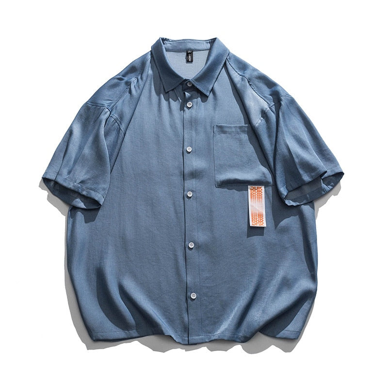 sanyamk Black, Blue Ice Silk Shirt Men's Short Sleeve Tide Brand Summer Vintage Loose Shirt Senior Sense Half Sleeve