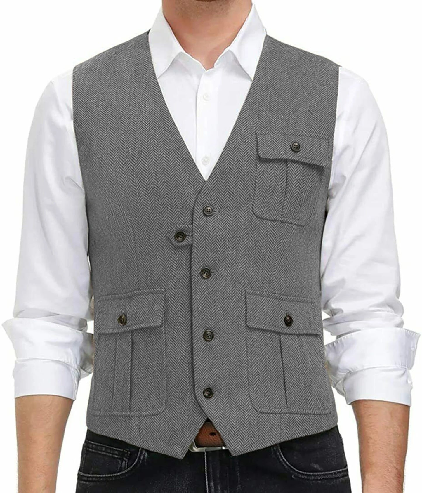 sanyamk Light Blue New Men Vest Wool Tweed Casual Waistcoat Formal Business Vest For Wedding Groomsmen Party Banquet Suit