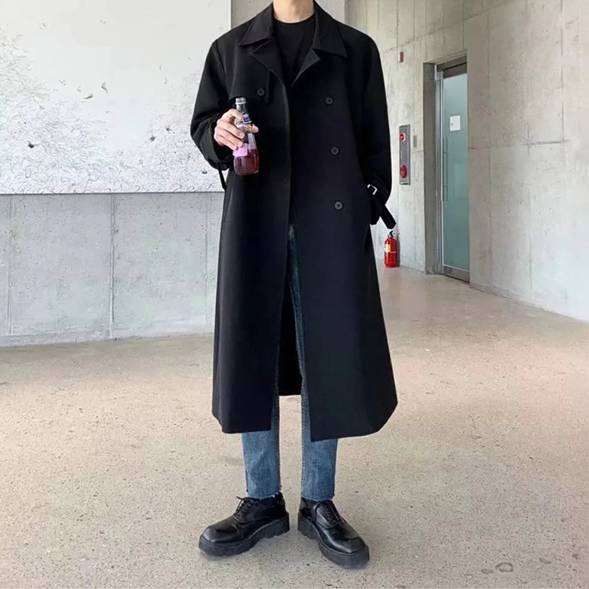 sanyamk Khaki Black Trench Coat Men Oversized Fashion Casual Long Coat Men Streetwear Korean Loose Windbreaker Jacket Mens Overcoat