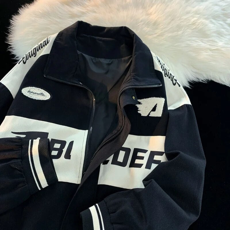 Bonsir American Vintage Racing Jacket Men Cycling Lapel Jacket Women BF Letter Varsity Coat Oversize High Street Vibe Baseball Uniform