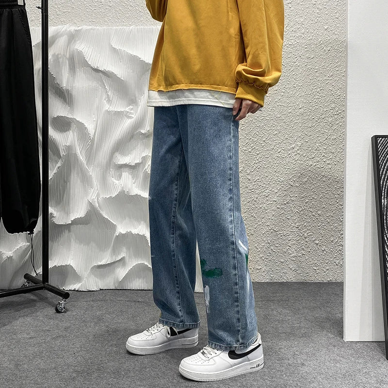 sanyamk Blue Denim Pants Men Graffiti Jeans New Straight Jean Pants Man Casual Baggy Neutral Denim Trousers Men's and Women's Pants