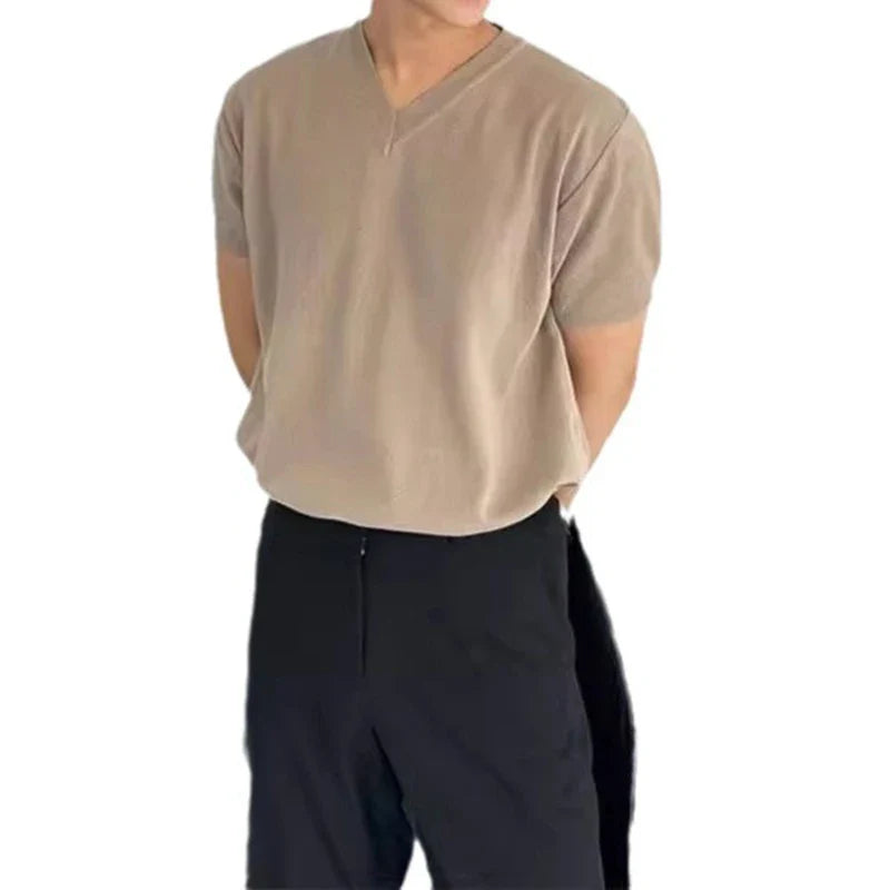 sanyamk - Summer Casual Solid Color Knit T Shirt Men Fashion Short-sleeved V Neck T-shirts Vintage Mens Clothes Knitwear Male Streetwear