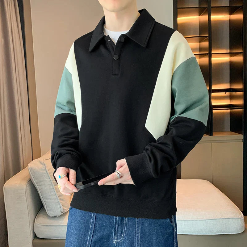 BONSIR - Men's Hoodies Spring and Autumn New Stand Collar Button Patchwork Trendy Pullover Loose Long Sleeved Casual T-shirt Tops