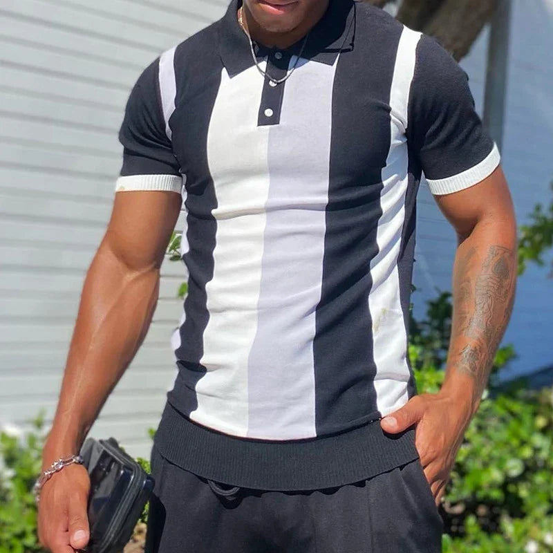 sanyamk - Streetwear Mens Casual Knit Polo 2024 Summer Leisure Short-sleeved Buttoned Lapel Polo Shirts Knitted Mens Striped Knitting Tops