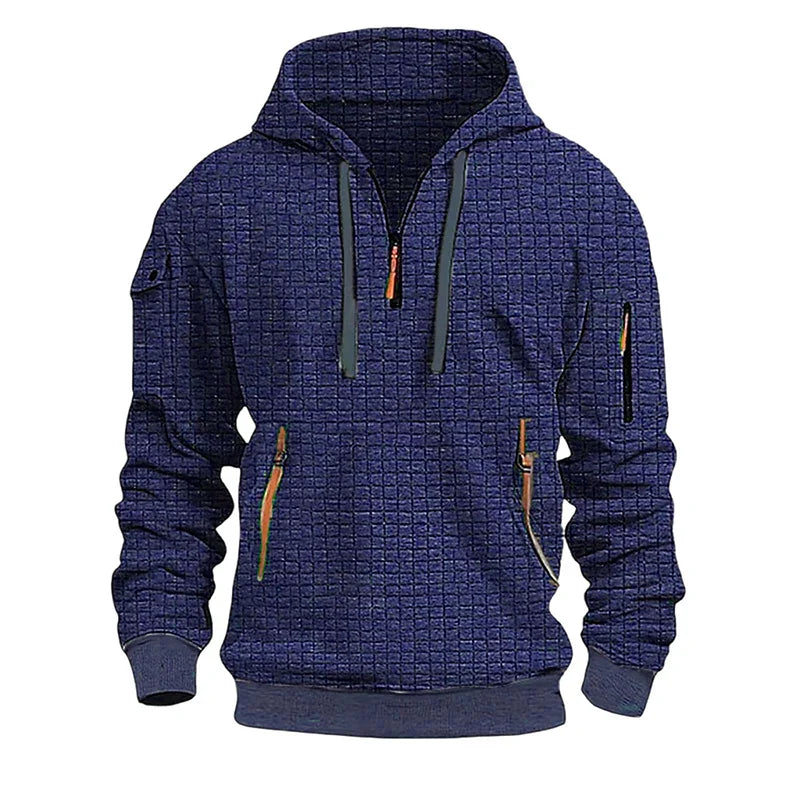 sanyamk - New Casual Mens Waffle Plaid Hoodies Spring Fall Fashion Patchwork Pockets Zipper Hooded Sweatshirts For Men Sports Hoodie Tops