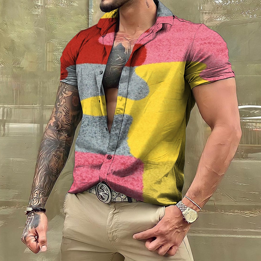 Bonsir Vintage For Men Shirts Patchwork 3d Print Camisas Lapel Oversized Short Sleeve Tops Streetwear Summer Male Hawaiian Shirt Tees