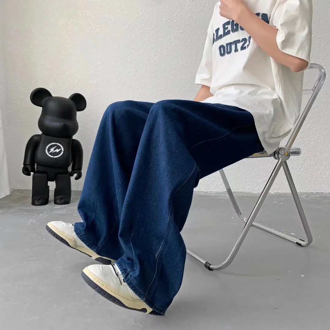 sanyamk Men's Pure Color Cargo Jeans Simple All-match Wide Leg Pants Trousers Men Hip Hop Streetwear Oversized 90s Vintage Fashion Denim