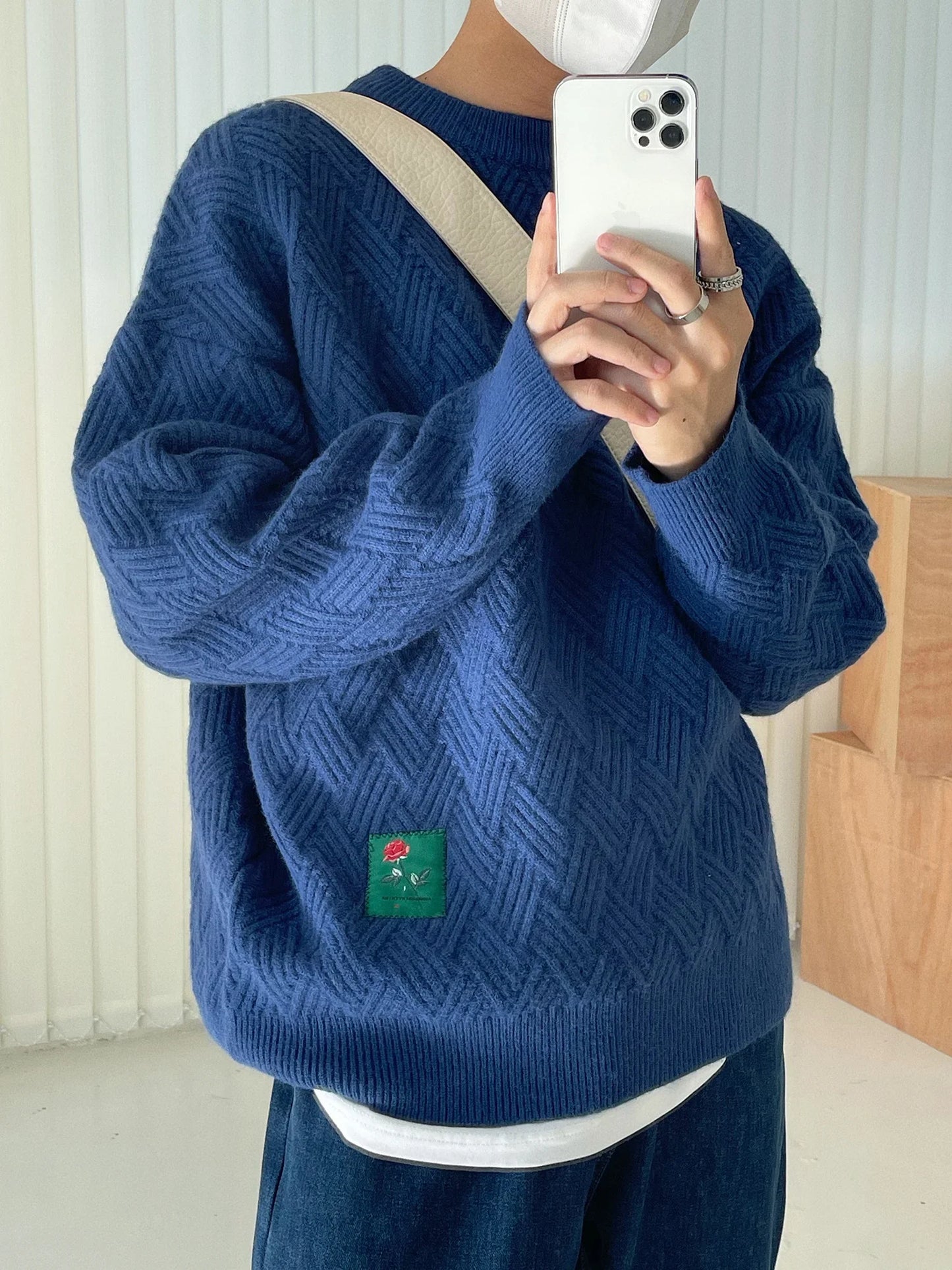 Bonsir - Winter Autumn Thick Pasted Cloth Pattern O-Neck Sweater Men's Loose Casual Blue Kinttwear Tops Korean Chic Clothing 2A0524