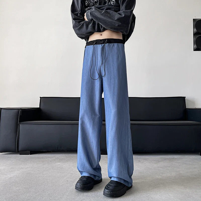 sanyamk Blue/Gray/Black Elastic Waist Suit Pants Men Fashion Society Pants Korean Loose Straight Casual Pants Mens Office Trousers