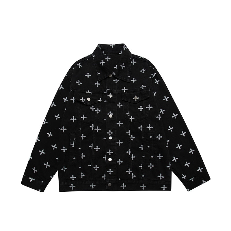 sanyamk High Street Full Cross Print Laple Black Jeans Coats for Men and Women Spliced Retro Hip Hop Autumn Casual Denim Jacket