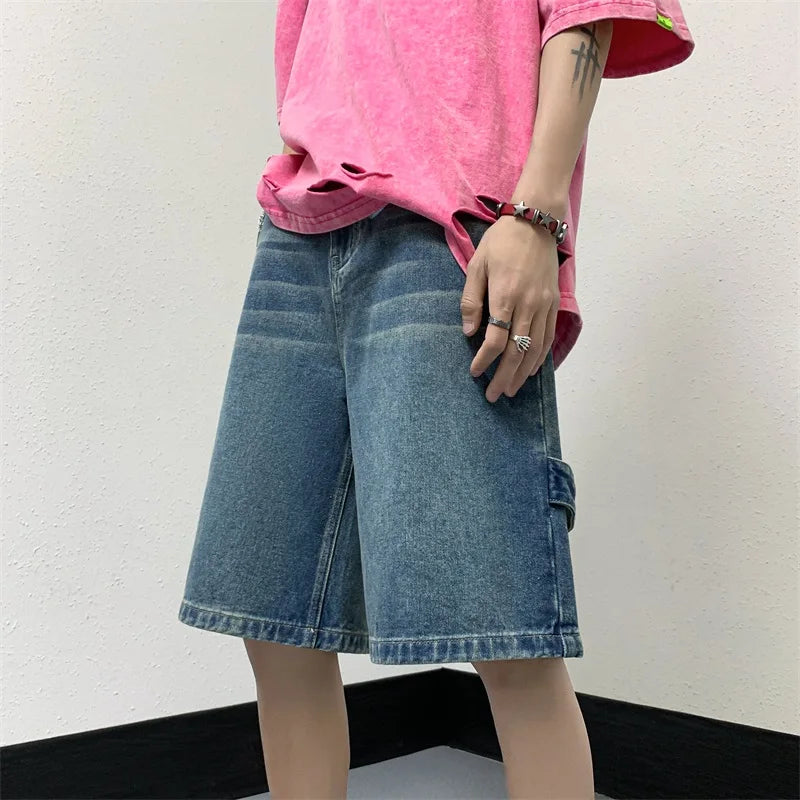 sanyamk Men Patchwork Oversized Jeans Shorts Streetwear Harajuku Denim Shorts New Hip Hop Vintage Blue Summer Casual Loose Shorts