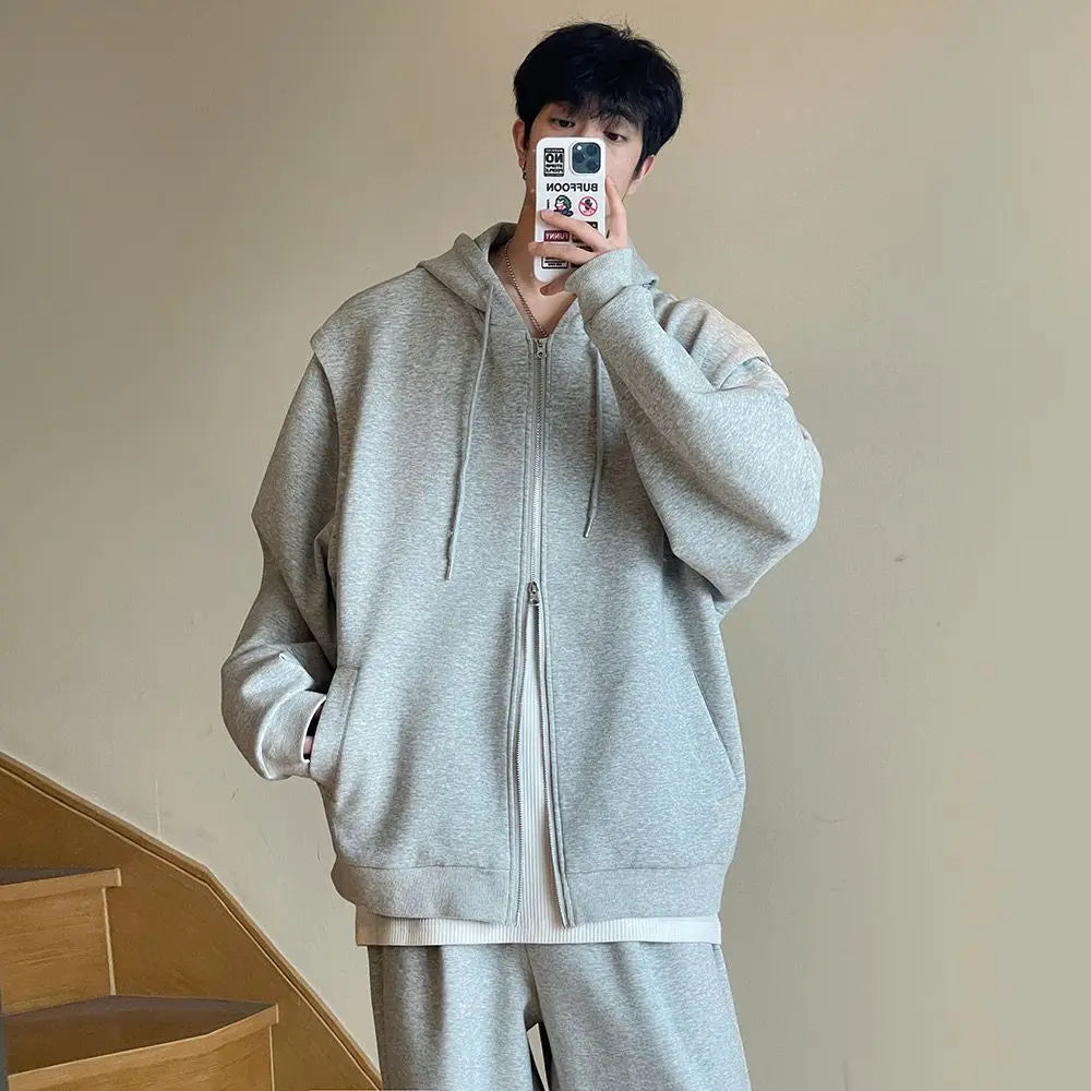 sanyamk - Autumn Korean Version Short Hoodies Sweatshirts for Men Cotton Solid Color Loose Sports Casual Zipper Cardigan Couple Hoodie