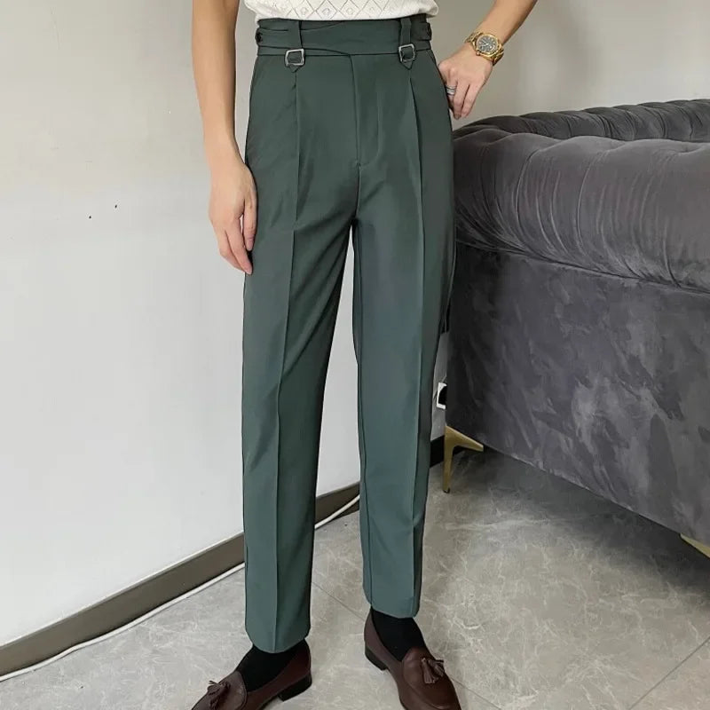 sanyamk - Men's Solid Color Suit Pant Slim Fit Feet Casual British Spring High Waist Pants Office-trousers Men Dress Pant Trousers