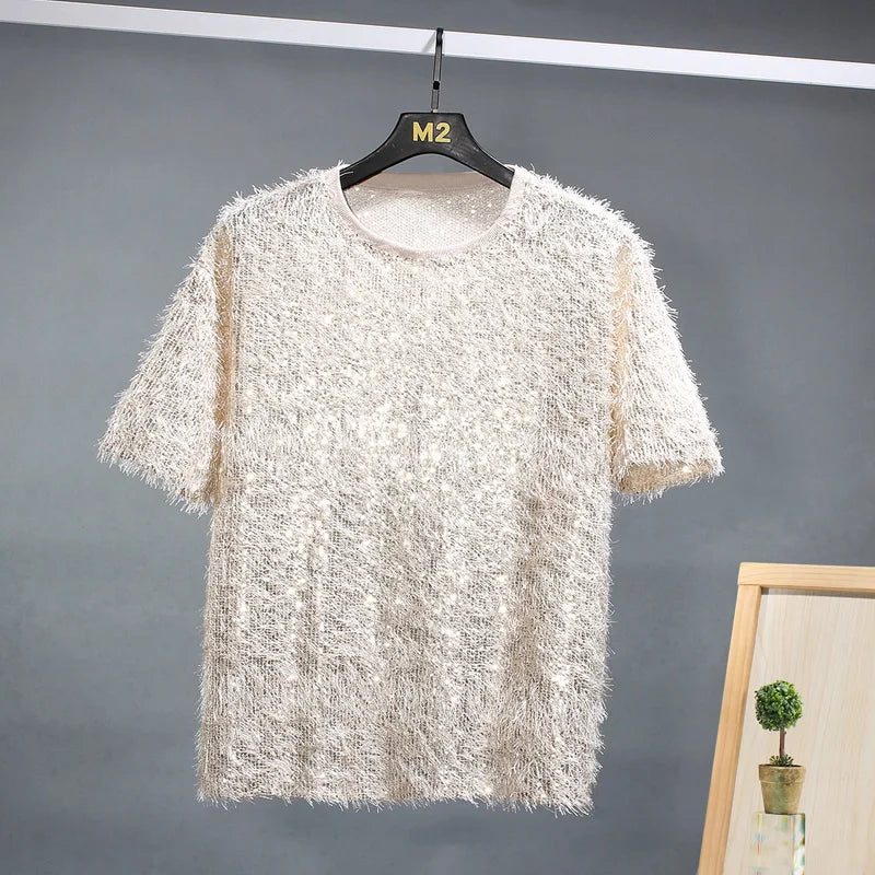 sanyamk - Men Women Sequin Tassels Stage Fashion Show Loose Casual Short Sleeve Tee Shirts Unisex T-shirt Party Clothing Couple Tshirts