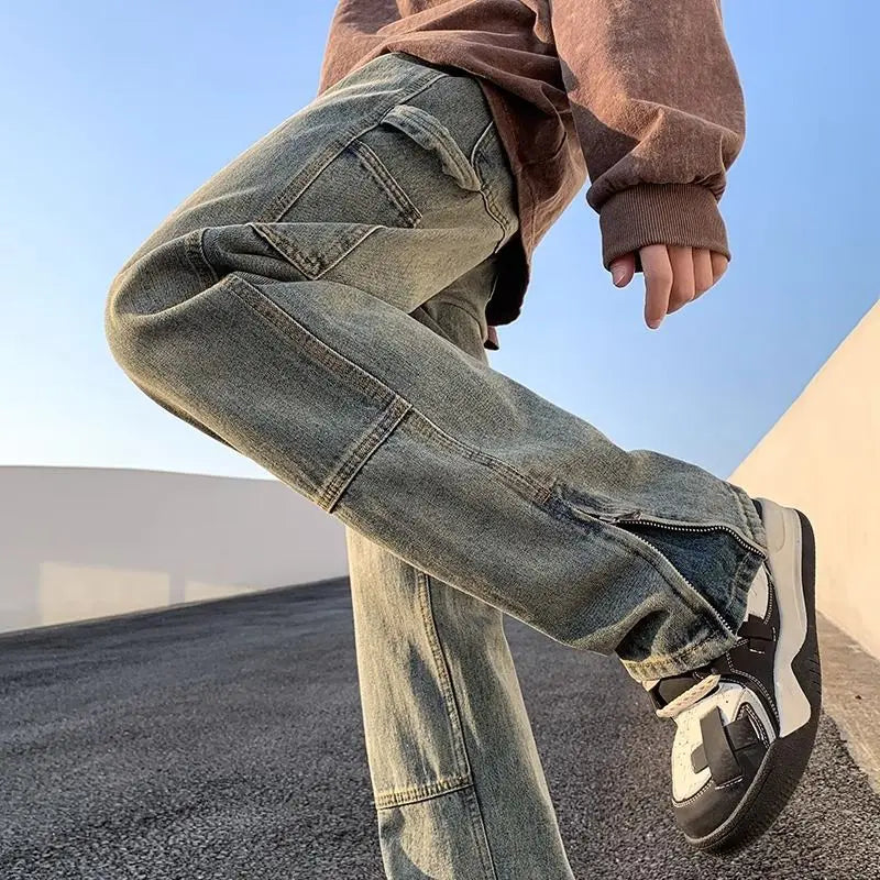 sanyamk American street hip-hop straight leg personalized design for men and women trendy loose leg jeans washed retro casual pants y2k