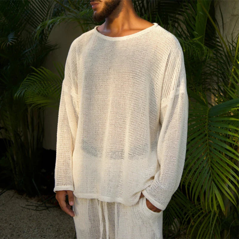 sanyamk - Sexy See Through Mesh T-shirts Men Casual O Neck Long Sleeve Hollow Out Tops Mens Vintage Solid Color Breathable Mesh T Shirt