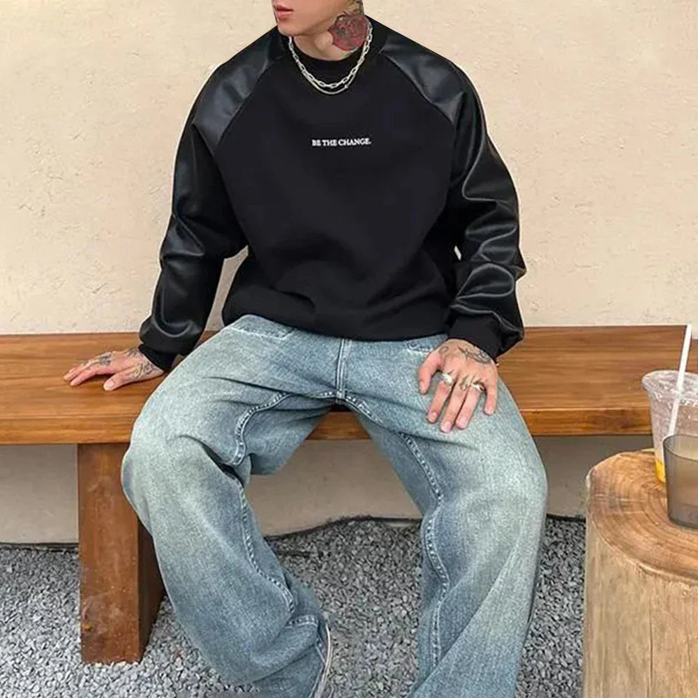 sanyamk Mens Y2k Contrast Pu Leather Raglan Sleeves Sweatshirt Autumn And Winter Genderless Casual Loose Splicing Sweatshirt Unisex