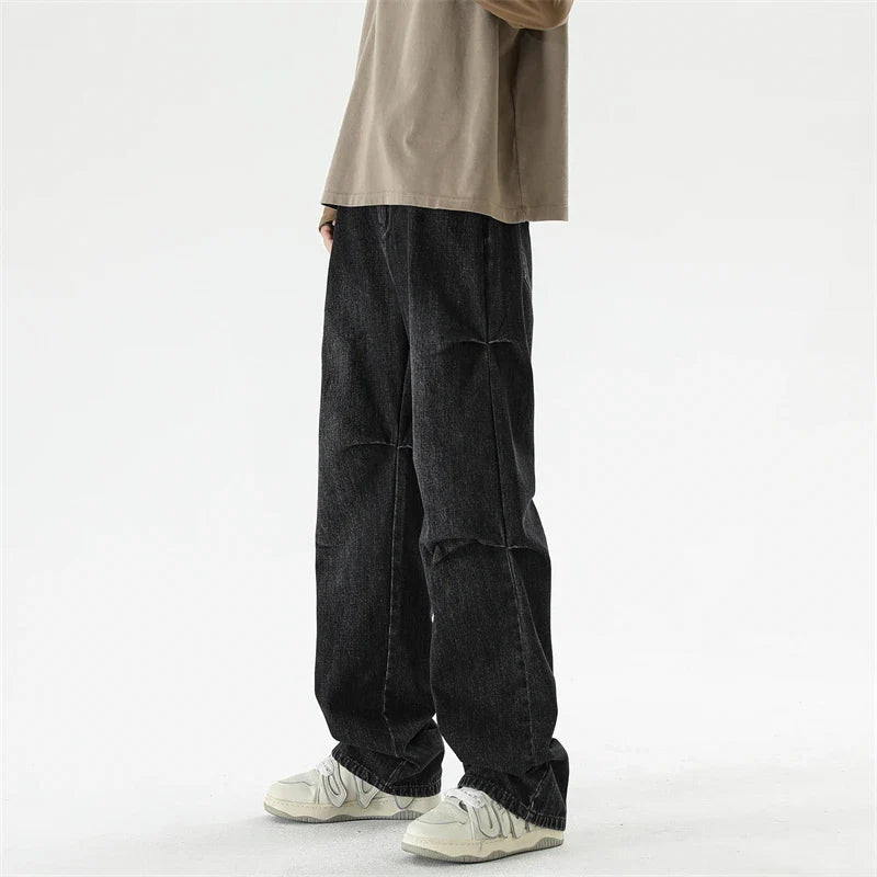 Bonsir Autumn New Wide Leg Jeans Men Belt Buckle Trousers Neutral Loose Casual Hip Hop Streetwear Washed Vintage Wrinkled Denim Pants