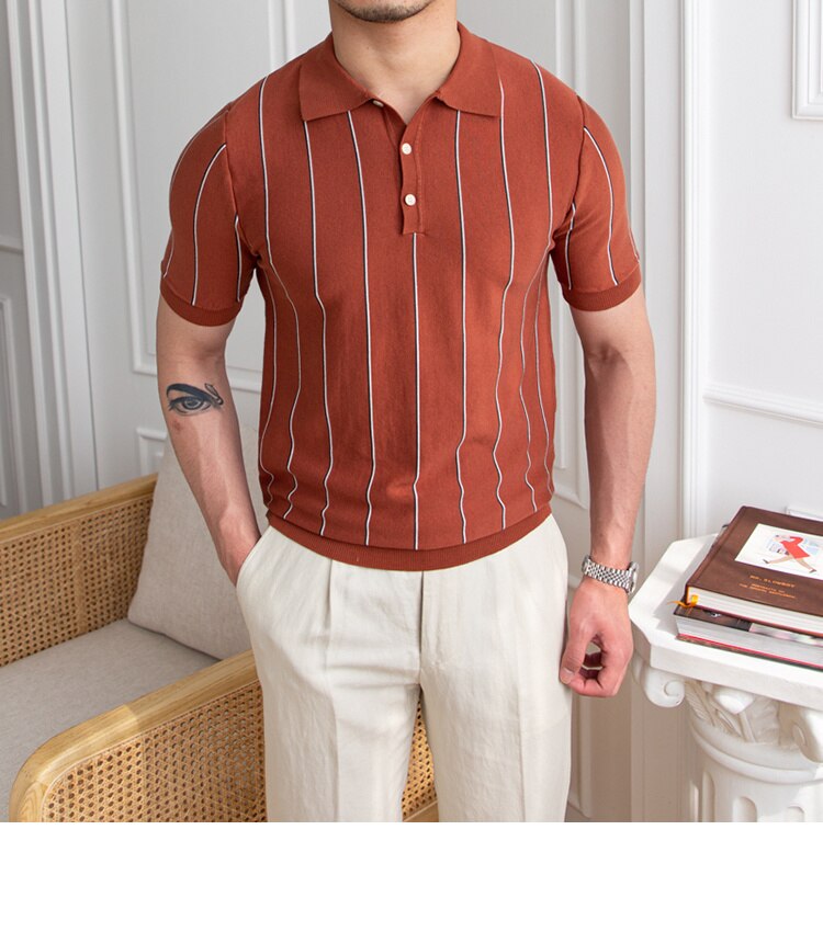 sanyamk Contrasting Stripes Casual Slim Lapel Polo Summer Knit Lapel T-shirt Polo Camisa Hombre British Men's Shirt Mannen Polo