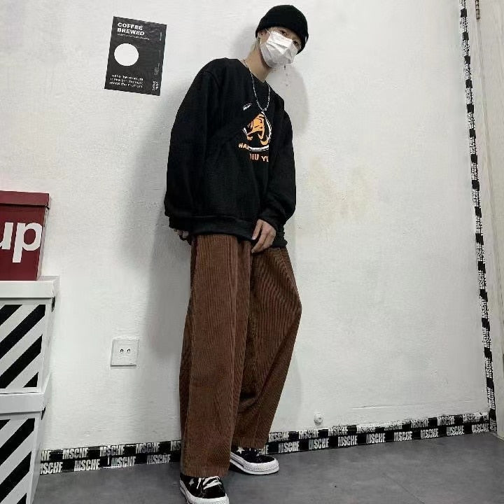sanyamk Men's Korean Style Retro Trend Sweatpants Corduroy Fabric Solid Color Straight Casual Pants Loose Brown Color Trousers