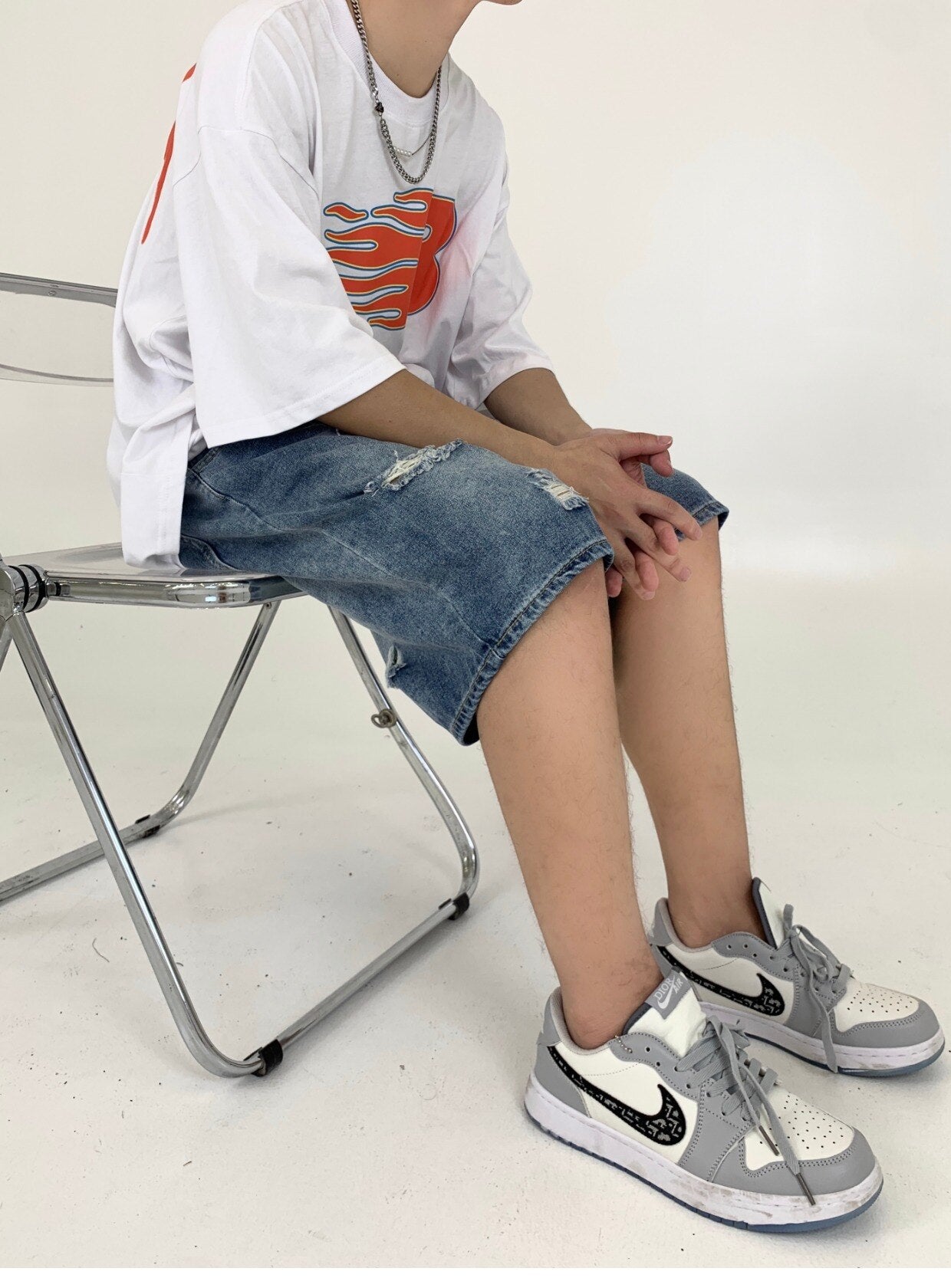 Bonsir Men's Denim Shorts Letter Embroidery Ripped Hole Short Jeans Women Wide Leg Shorts Hip Hop Drawstring Vintage Denim Pants Summer