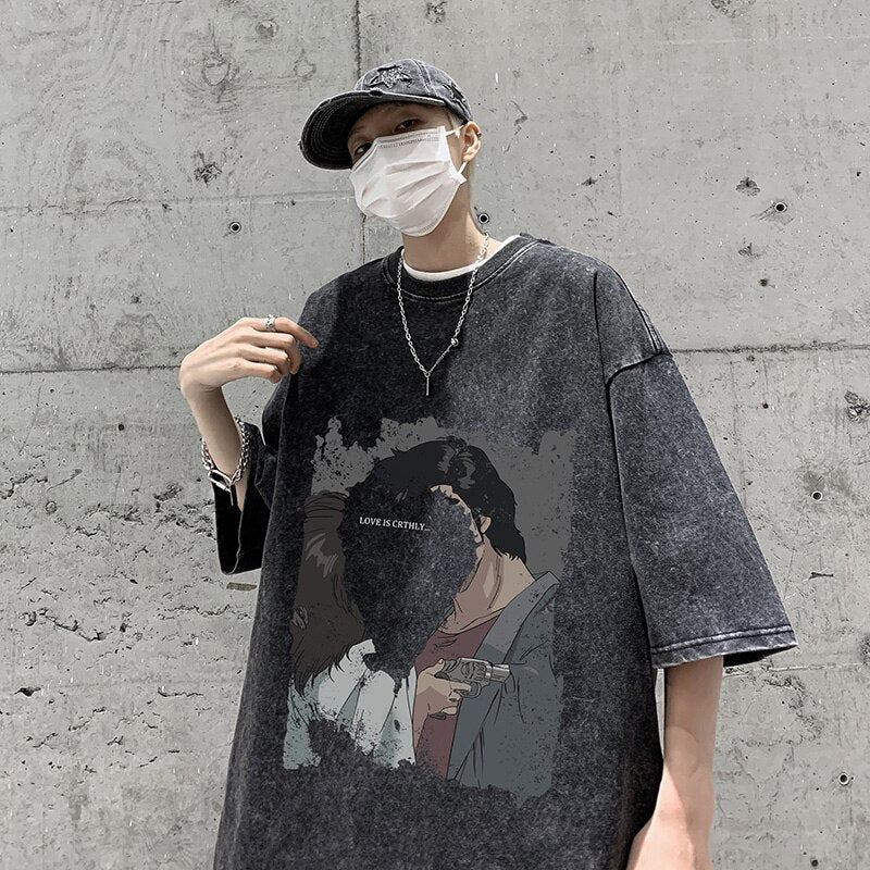 sanyamk Heart Printed Summer Vintage T-shirt for Men New Graphic Letter T Shirts Streetwear Harajuku Oversized 5XL