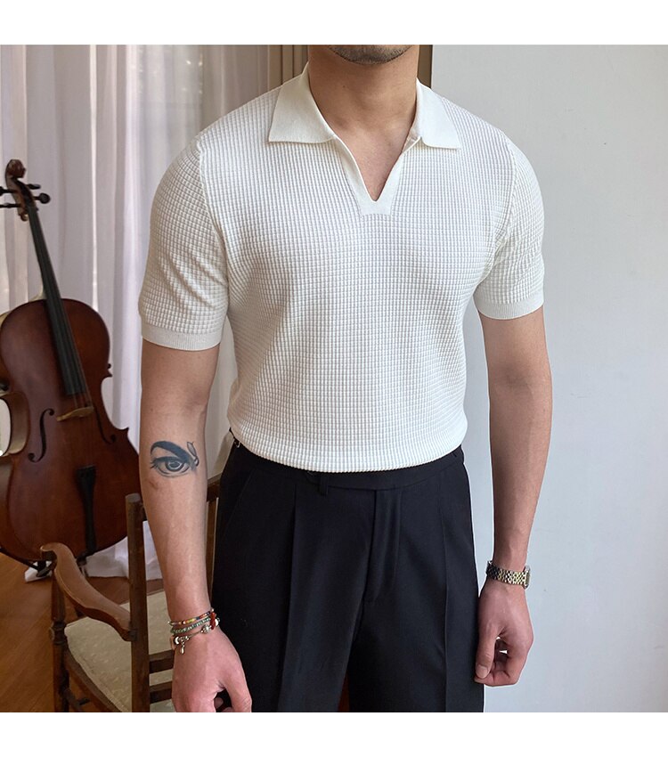 sanyamk Summer New V-neck Men's Solid Color Short-sleeved T-shirt British Slim Lapel Knitted Striped Casual Polo Shirt