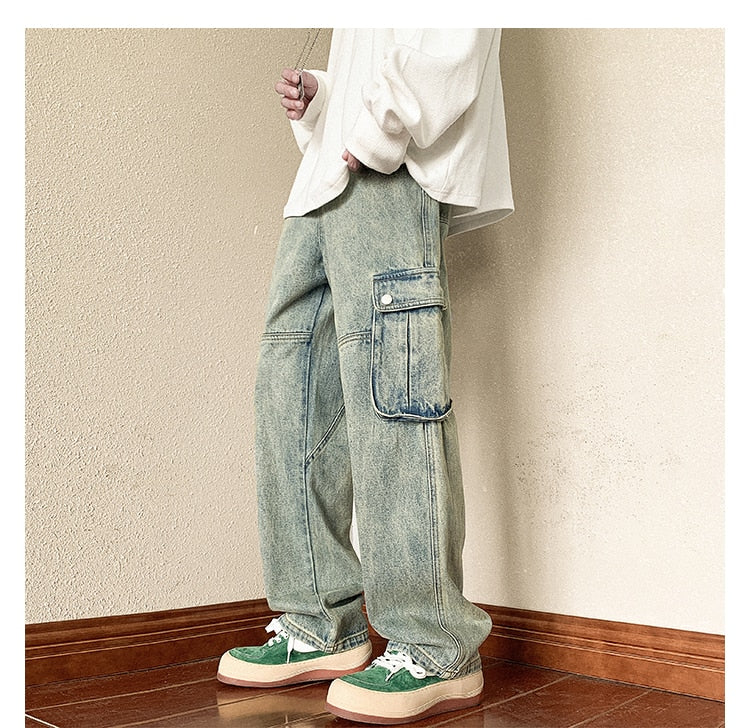 sanyamk 4 Colors Baggy Cargo Jeans Men Fashion Casual Pocket Jeans Men Streetwear Hip Hop Loose Straight Denim Pants Mens Trousers M-2XL