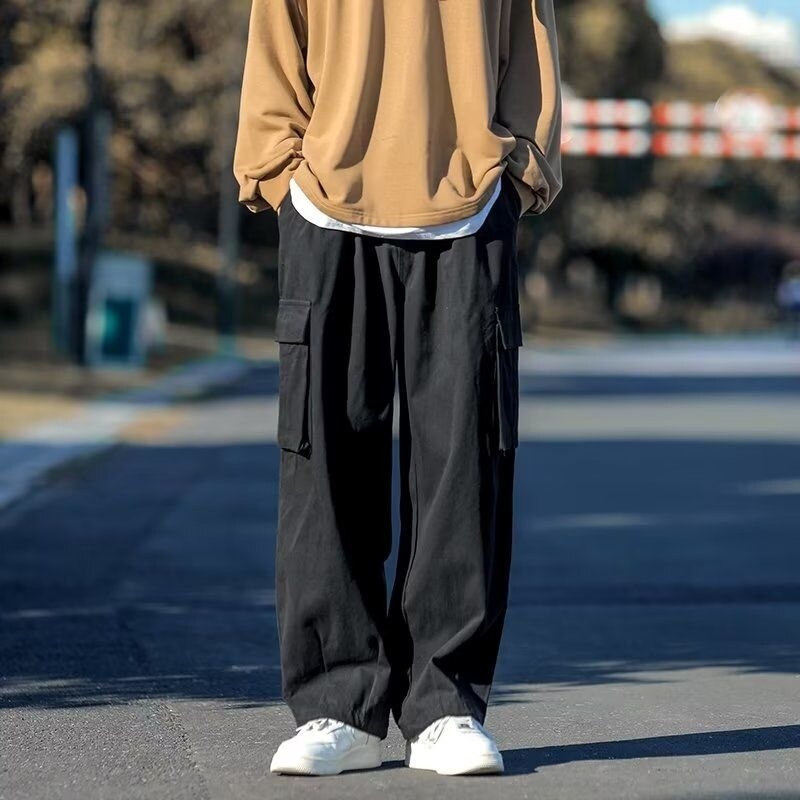 Bonsir Green Black Cargo Pants Men Fashion Retro Pocket Casual Pants Men Japanese Streetwear Hip Hop Loose Straight Pants Mens Trousers