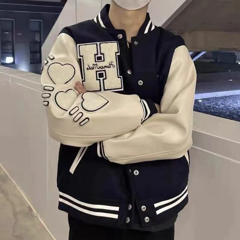 Bonsir Flocking Letter Embroidery Patchwork Human Made Wool Coat for Male and Female Retro Leather Sleeve Oversized Autumn Jackets