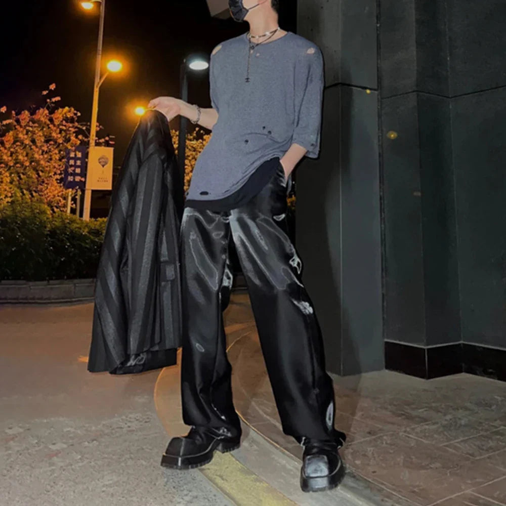 Bonsir 2024 Autumn Mens Wear Glossy Solid Color Satin Loose Casual Trousers Drape Wide Leg Stage Unisex Straight Leg Pants Streetwear