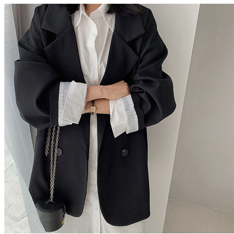 sanyamk New 2022 Vintage Loose Women Solid Blazer Autumn Chic Double Breasted Female Long Sleeve Suit Jackets Stylish Ladies Blazer