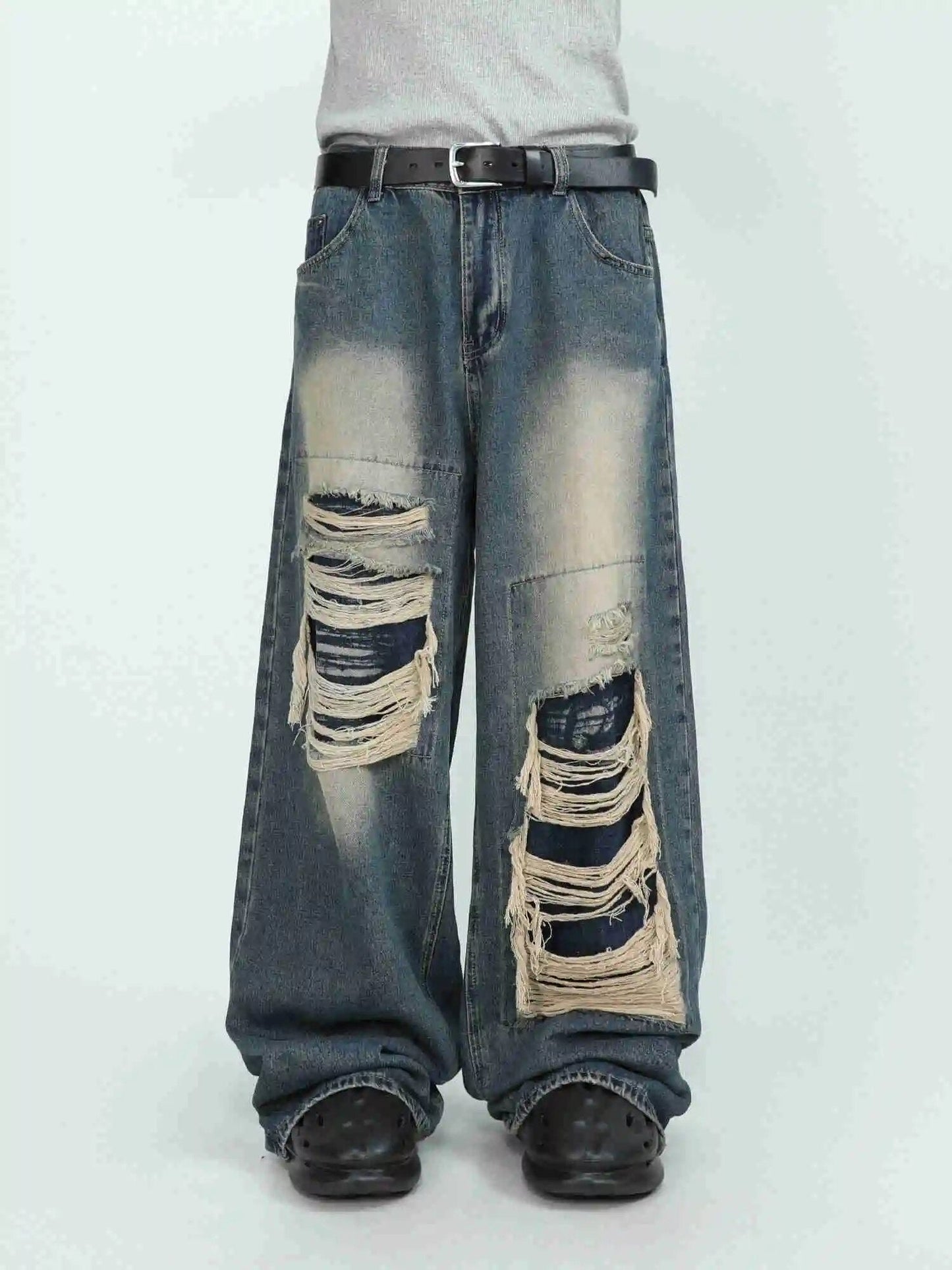 sanyamk American High end Perforated Denim Pants for Men's Design Sense Small and Loose Wide Leg Straight Leg Pants hiphop