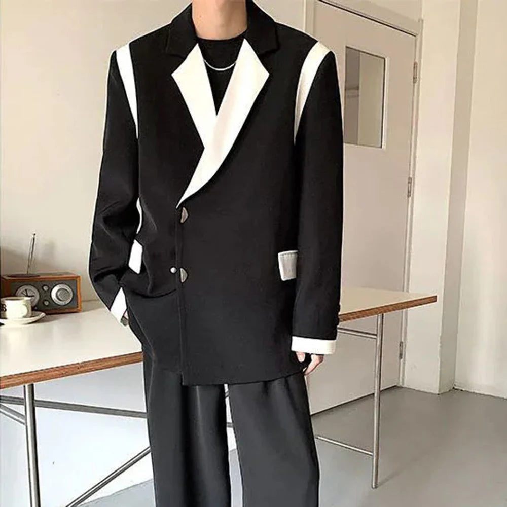 sanyamk Men Blazer Patchwork Lapel Long Sleeve Streewear Button Loose Csual Suits Korean 2024 Fashion Men Thin Coats M-2XL