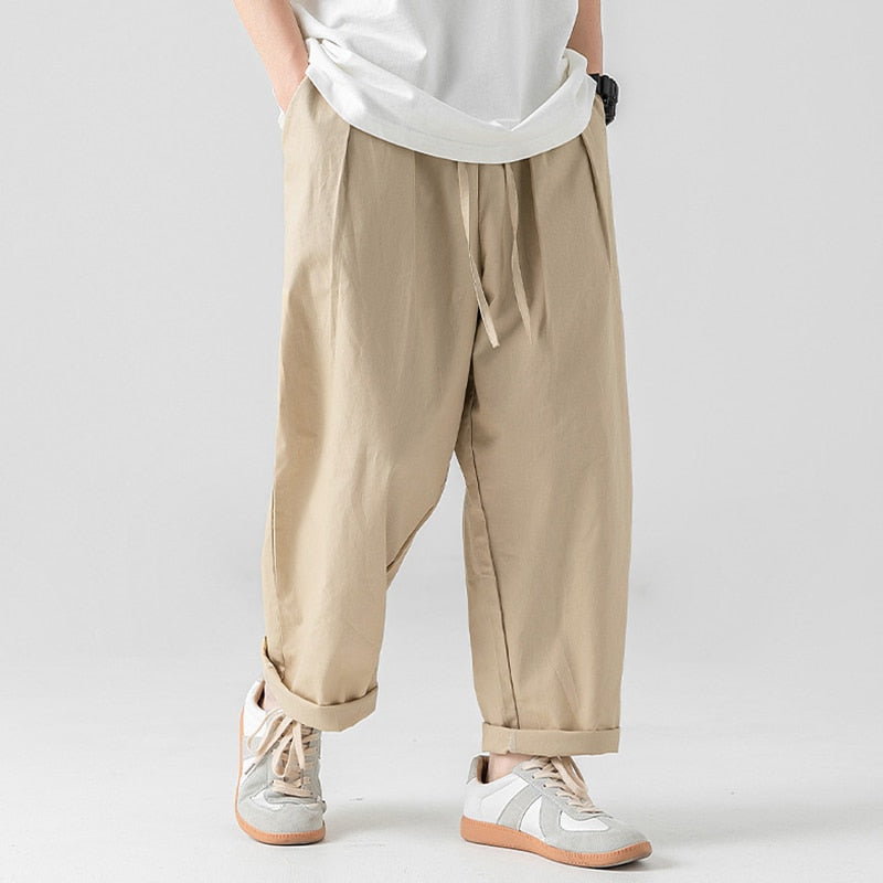 Bonsir Men's Casual Wied Leg Pants Oversize Cotton Trousers Solid Color Vintage Fashion Men Jogging Loose Pants Korean Streetwear