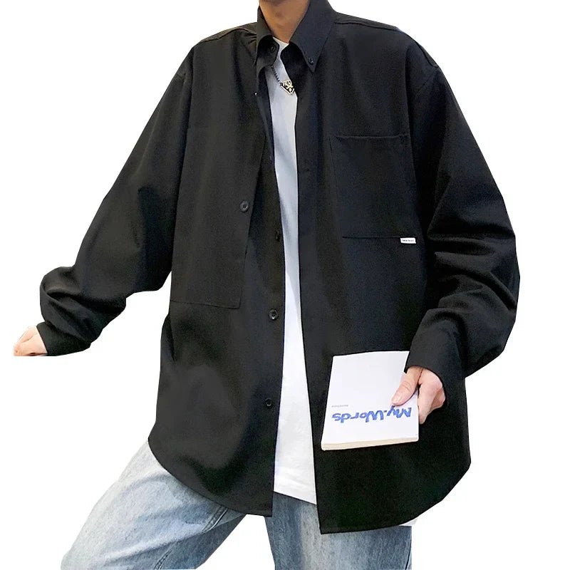 sanyamk - Streetwear Loose Mens Shirt Long Sleeve Black Casual Blouses Fashion Pockets Cardigan Outwear