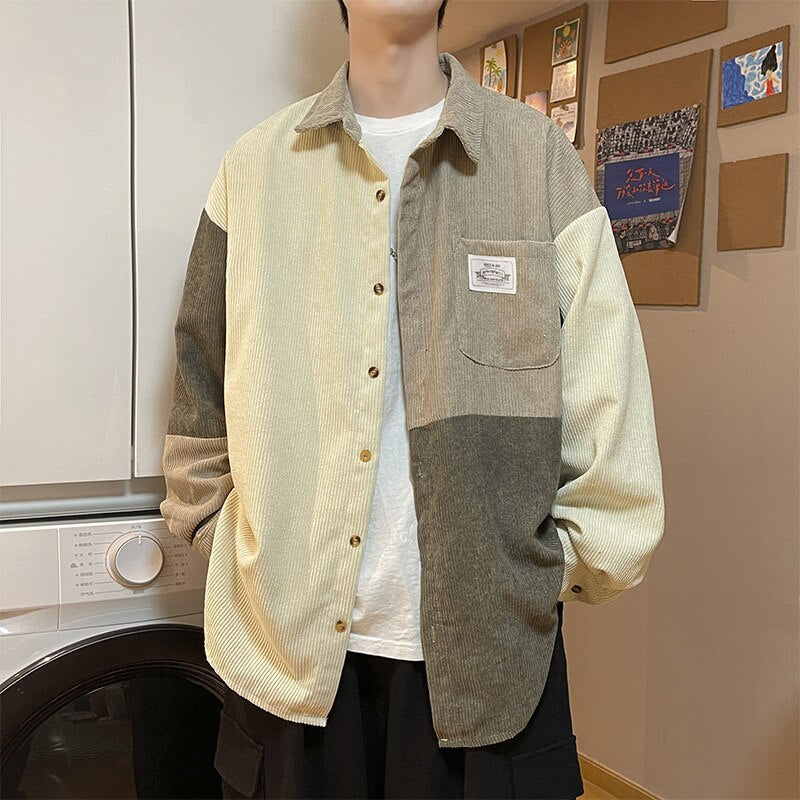 sanyamk Corduroy Shirt Men Vintage Splicing Top Oversized Long Sleeves Blouse Trend Fashion Streetwear Spring Autumn Y2K Male Clothes