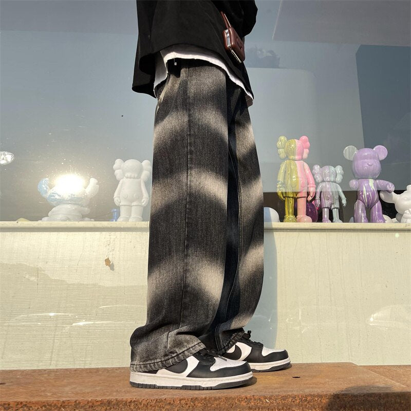 sanyamk Fashion Brand Men's Tie-dyed Jeans College Students Hip-hop Dance Y2k Loose Straight Pants Women's Baggy Blue Jeans