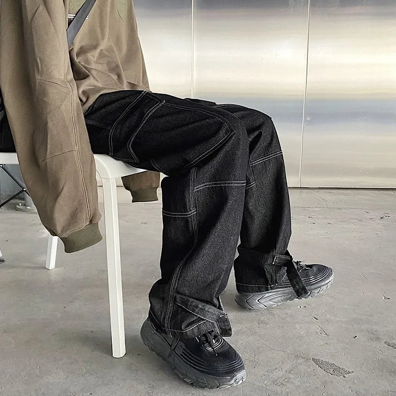 sanyamk Autumn Cargo jeans men Wide Leg Denim pants Loose Jeans Straight Baggy Men's Jeans hip hop Streetwear Neutral denim Trousers
